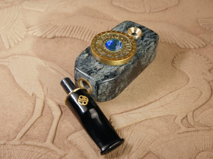 MagicStone Alchemy heat-don't-burn cannabis instrument soapstone vaporizer with custom-minted gemstone gold coin cap and removable acrylic mouthpiece