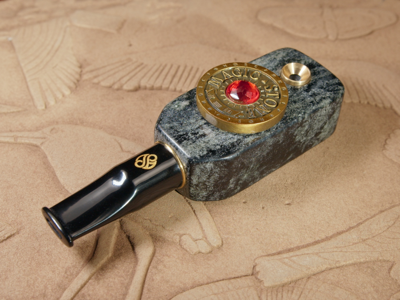 MagicStone Alchemy heat-don't-burn cannabis instrument soapstone vaporizer with custom-minted gemstone gold coin cap and removable acrylic mouthpiece