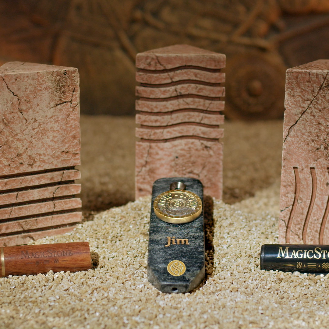 MagicStone Odyssey II heat-don't-burn cannabis instrument soapstone vaporizer with custom-minted bronze coin cap.