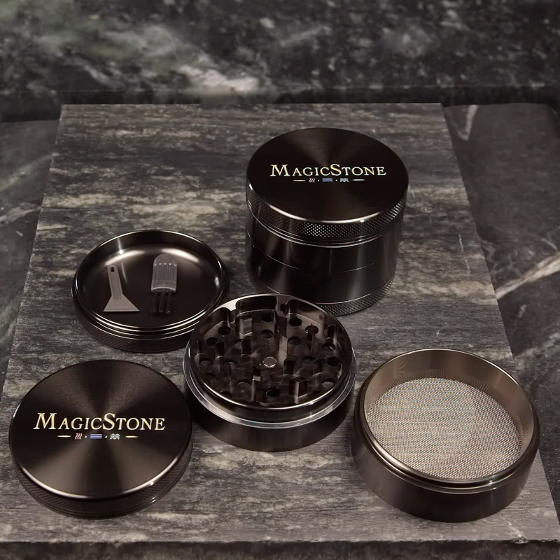 MagicStone's robust, 4-part portable grinder made from aircraft-quality aluminum.