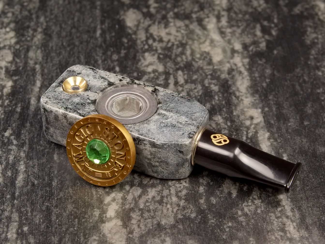 MagicStone Alchemy heat-don't-burn cannabis instrument soapstone vaporizer with custom-minted gemstone gold coin cap and removable acrylic mouthpiece